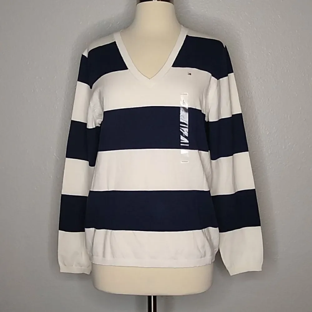 Tommy Hilfiger Navy‎ White Nautical Striped Preppy Top Lg